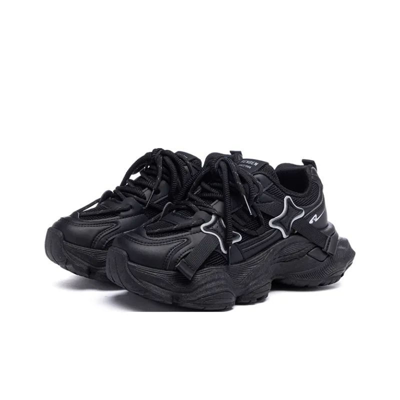RENBEN Cushioning Abrasion Resistant Breathable Low Top Chunky Sneakers Women's Black-1