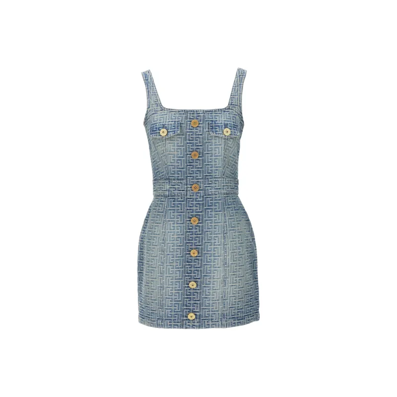 BALMAIN Monogram Debossed Square Neck Mini Dress-0