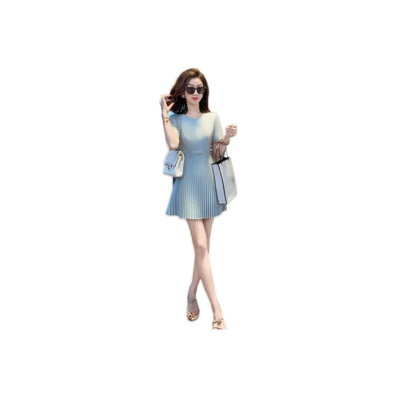 Fish Rabbits Short Sleeved Dress Women's Light Blue-0