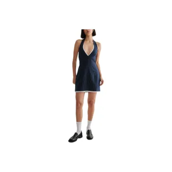 NASTY GAL Pinstripe Lace Trim Tailored Waistcoat Dress Slip Dresses Women's Denim Blue
