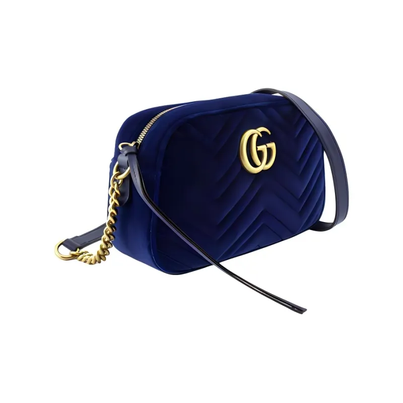 GUCCI GG Marmont Velvet Velour Camera Bag, Shoulder Bag, Crossbody Bag Women's Dark Blue-1