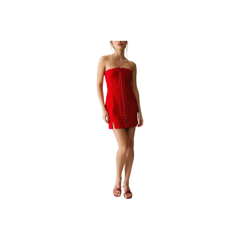 NASTY GAL Boned Lace Front Corset Dress Sleeveless Dress Women's Red-0