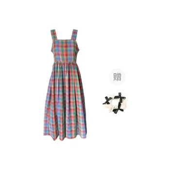 TURN UP Sleeveless Dress Women's Multicolor Plaid Pattern+Bowknot Hair Tie Comes With