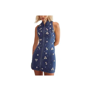 NASTY GAL Limited Embellished Flower Applique Mini Dress Sleeveless Dress Women's Denim Blue