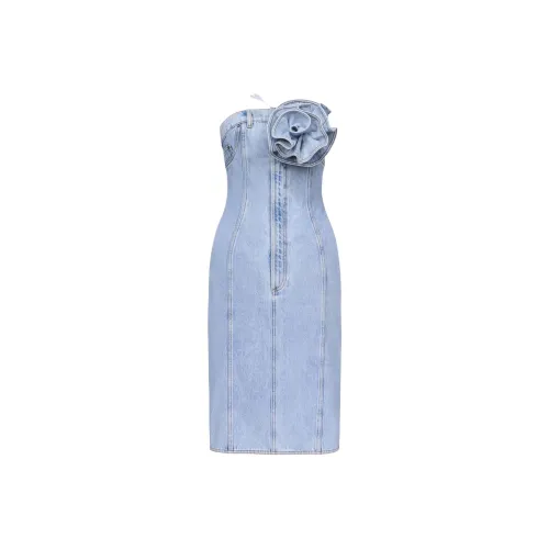 AREA Floral appliqué Strapless Denim Dress