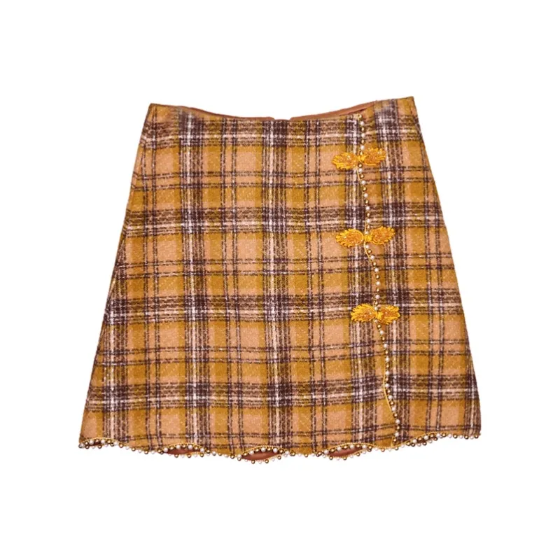 XOOR Casual Short Skirts Women's Yellow Plaid-0