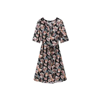 H-YXIANG Short-Sleeved Dresses Women's Black Background Watercolor Floral