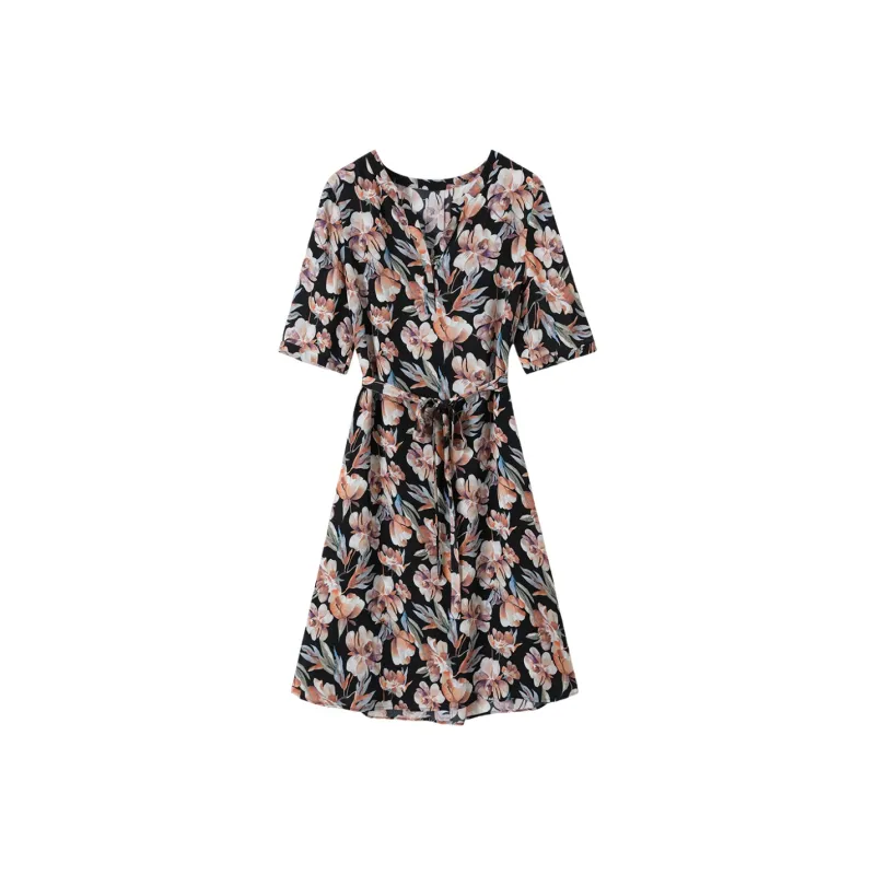 H-YXIANG Short-Sleeved Dresses Women's Black Background Watercolor Floral-0