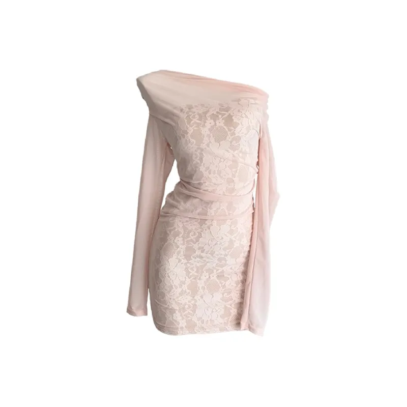 QIAOMONVHAI Long Sleeved Dress Women's Lace Pink-0