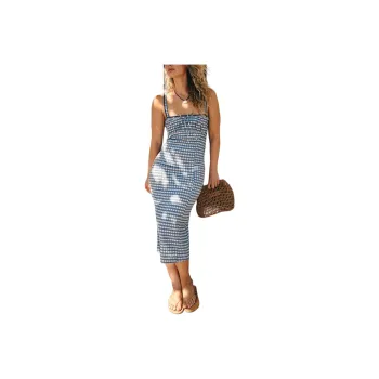 FREE PEOPLE Lucinda Plaid Midi Dress Slip Dresses Women's Indigo Combo