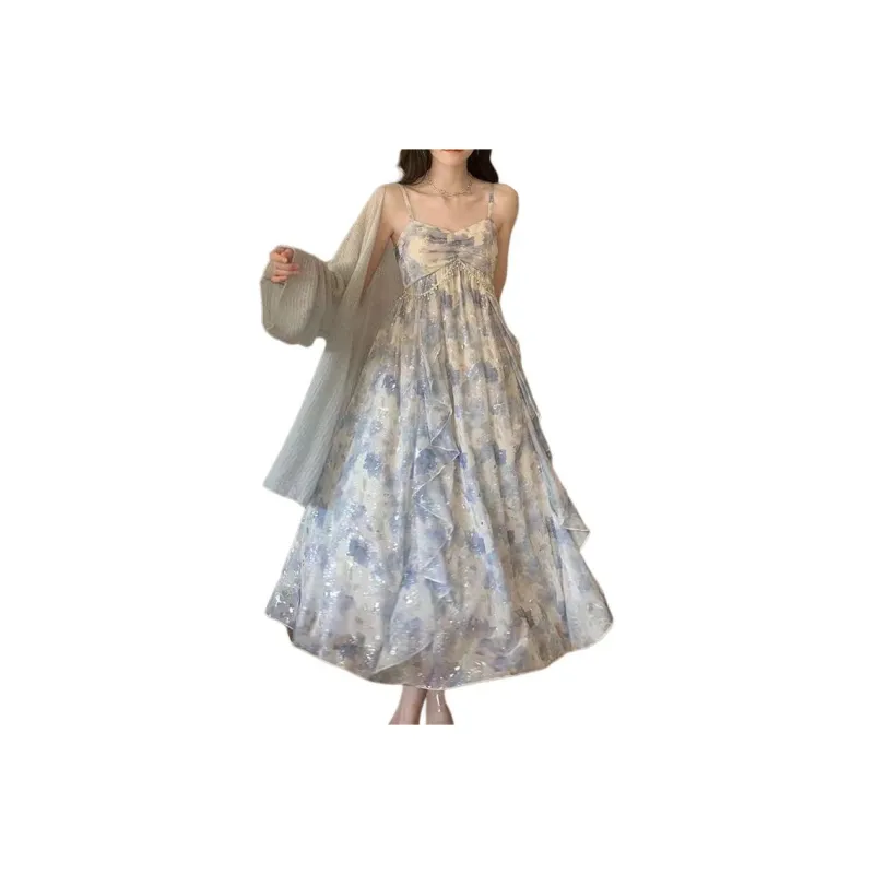 The Temptation Of The Muse Slip Dress Women's Blue Floral-1