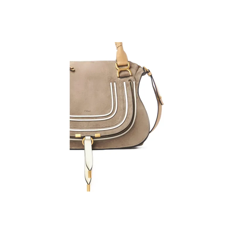 Chloe Marcie Suede Laminated Calfskin Shoulder Bag Crossbody Bag Handbag Medium Size Women's Gray-2