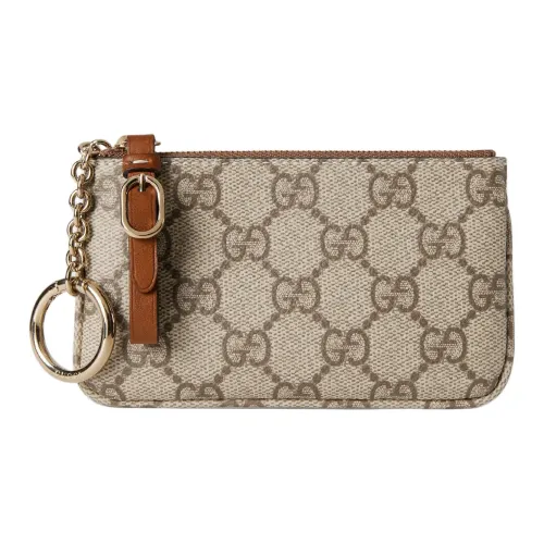 GUCCI GG Emblem Leather Key Pouch Women's Beige & Dark Brown