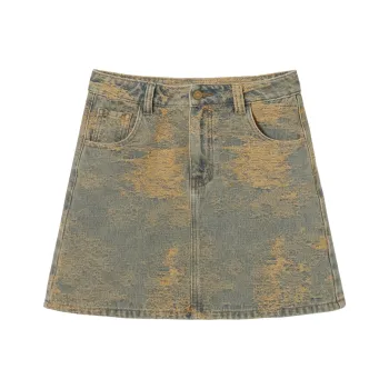MEETLADY Casual Short Skirts Women's Washed Denim Yellow