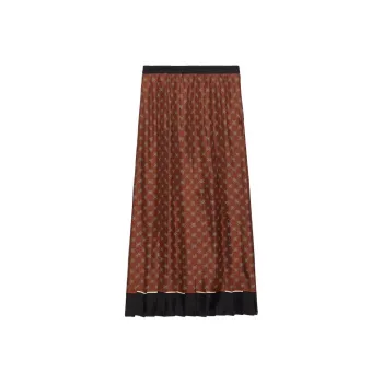 GUCCI Chain Print Pleated Silk Skirt Casual Long Skirts Women's Brown