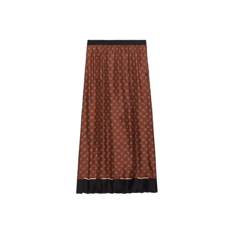 GUCCI Chain Print Pleated Silk Skirt Casual Long Skirts Women's Brown-0