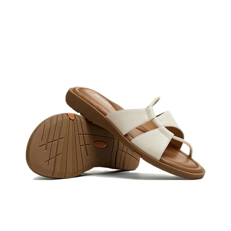 BATA Rubber Sole Leather Patchwork Quiet Slip Resistant Slide Slippers Women's-3