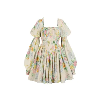 Selkie Collection Long Sleeved Dress Women's Apricot With Tiger Azure Rose Print