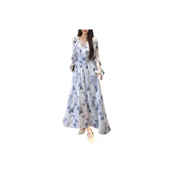 Wbwq Long Sleeved Dress Women's Blue Floral