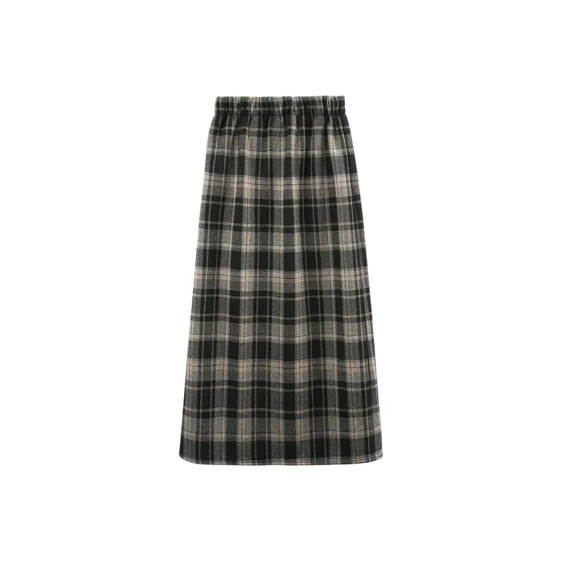 A Paradise For Awakening Casual Long Skirt Women's Black Plaid-0