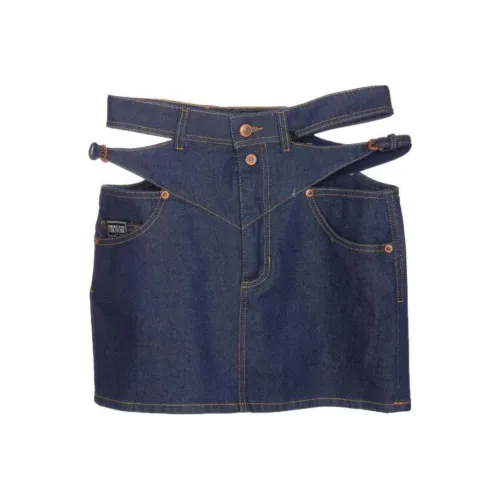 VERSACE JEANS COUTURE Logo Patch Cut Out Denim Skirt