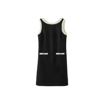 Fstudio Korean-Style Loose Fit Color Blocking A-Line Chanel-Inspired Sleeveless Dress Women's Black