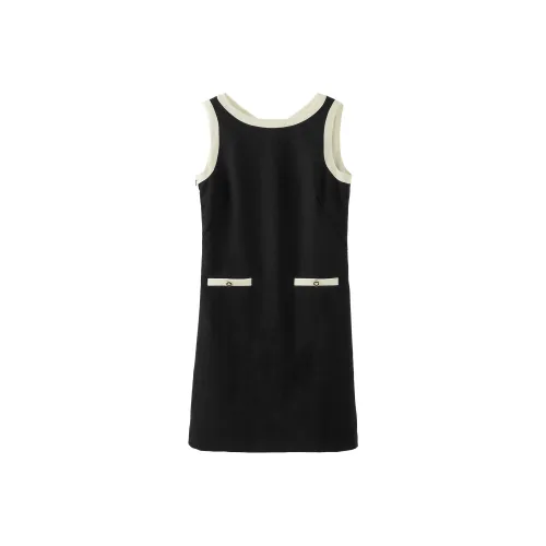 Fstudio Korean Style Loose Fit Color Blocking A Line Chanel Inspired Sleeveless Dress Women's Black