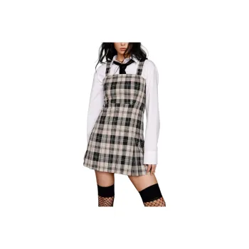 NASTY GAL Check Pleated Square Neck Mini Dress Slip Dresses Women's Monochrome