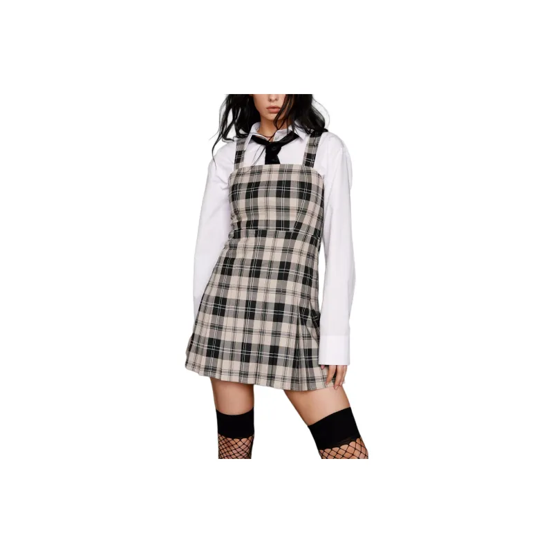 NASTY GAL Check Pleated Square Neck Mini Dress Slip Dresses Women's Monochrome-0