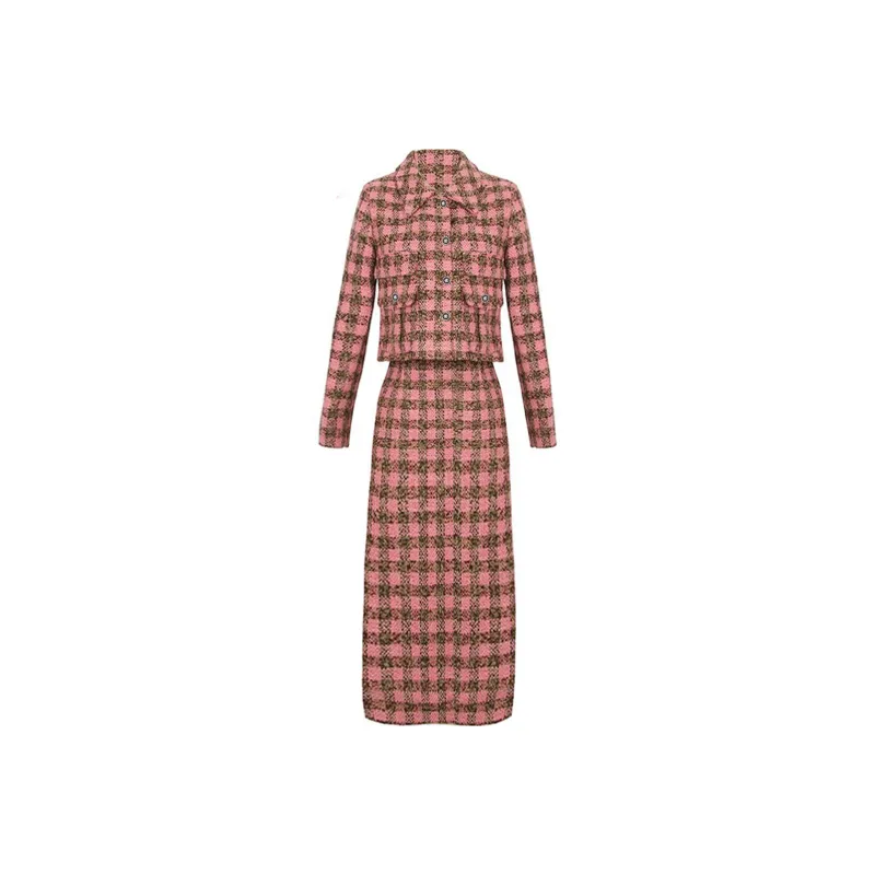 Wbwq Skirt Set Women's Pink Coffee Plaid-0