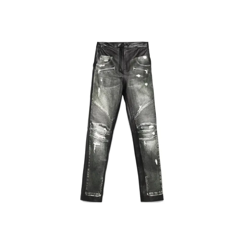 BALMAIN Denim print Leather Trousers-0