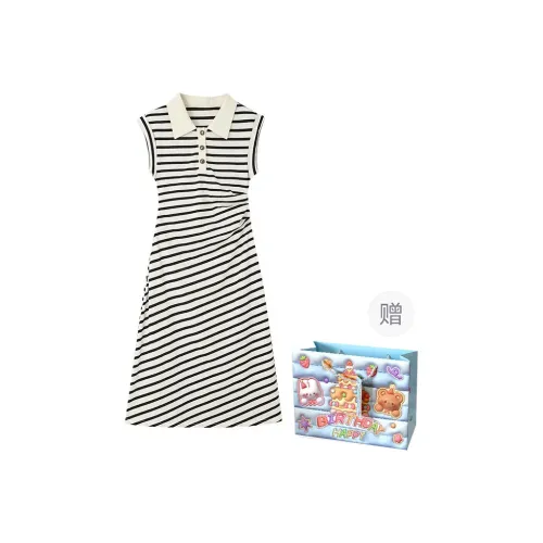 Gentle Welcome Sleeveless Dress Women's Black White Stripes