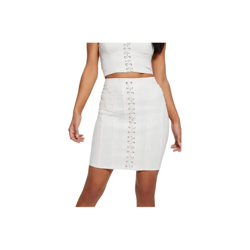 GUESS Eco Cecila Lace-Up Denim Skirt Denim Short Skirts Women's White-0
