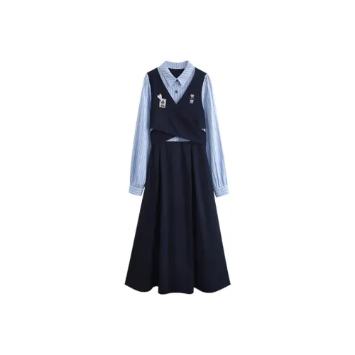 ECNR Long Sleeved Dresses Women's Dark Blue