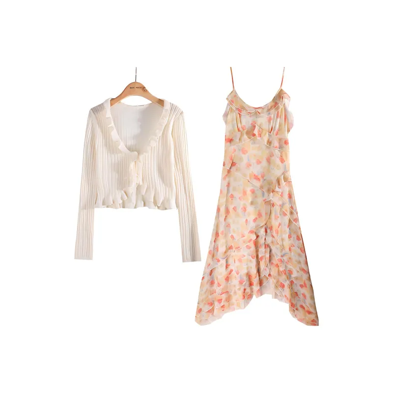 BASIC HOUSE Two Piece Skirt Sets Women's Set White Cardigan+Beige Apricot Dress-0
