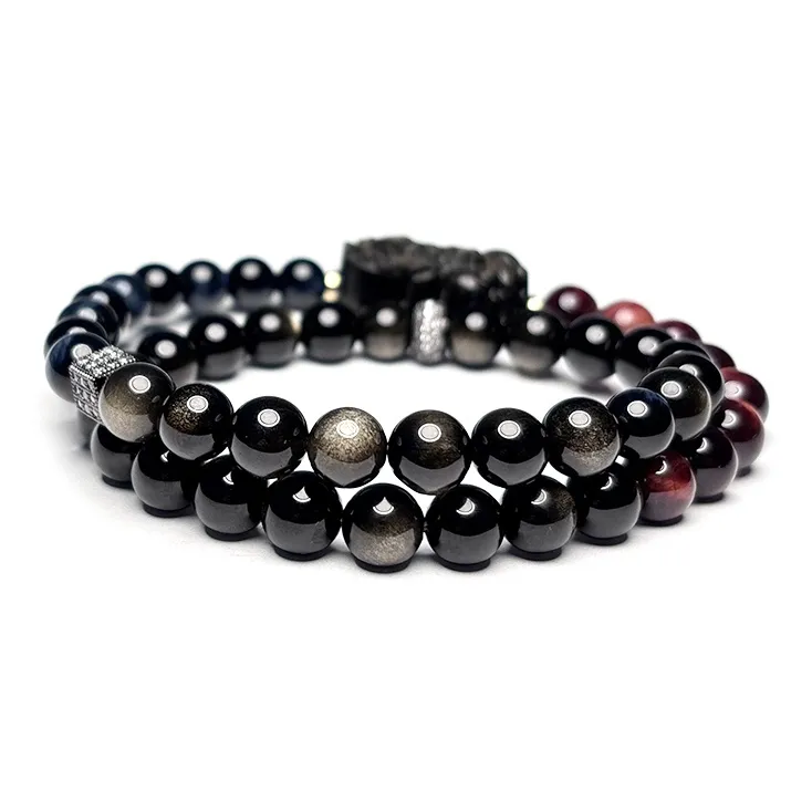 MOUNTAINS AND MANS Natural Obsidian New Chinese Style Stackable Good Luck Beaded Bracelet Men's-3
