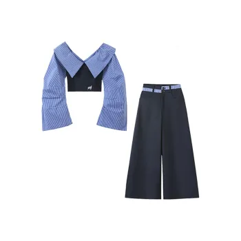 IQC Casual Suit Women's Blue White Top+Navy Blue Pants Two Piece Set Set