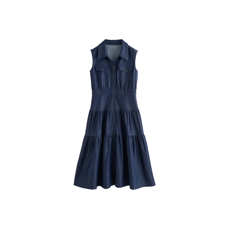 Initial Language Sleeveless Dress Women's Dark Denim Blue-0