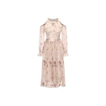 CHIWAWAMEME Long Sleeved Dresses Women's Yellow Pink Floral