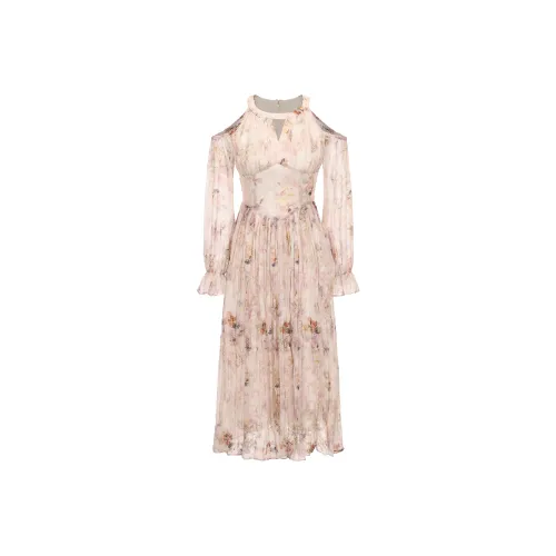 CHIWAWAMEME Long Sleeved Dresses Women's Yellow Pink Floral