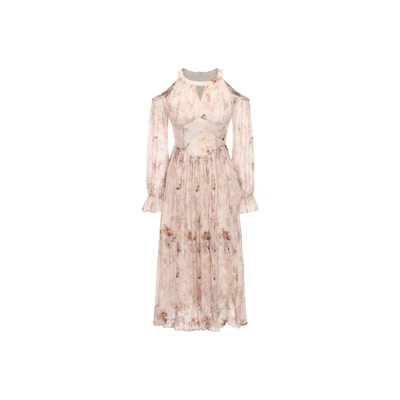 CHIWAWAMEME Long Sleeved Dresses Women's Yellow Pink Floral-0