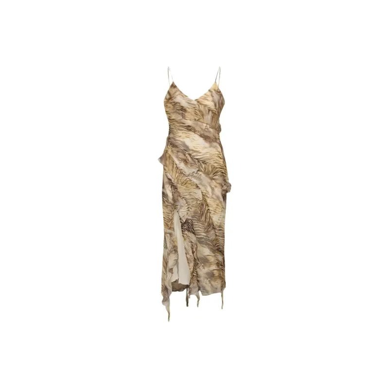 URBAN REVIVO Slip Dress Women's Khaki Brown Print-0