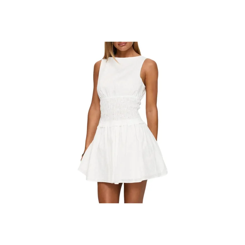 PRINCESS POLLY YENNIFER SHIRRED BROIDERIE MINI DRESS Sleeveless Dress Women's WHITE/White-0