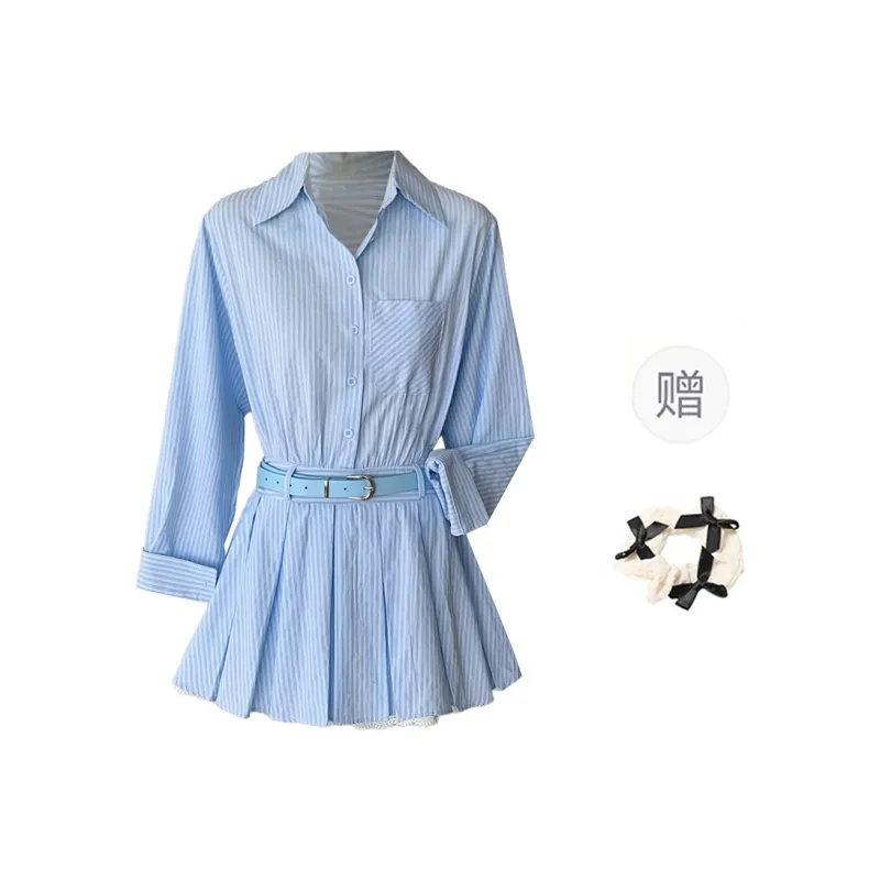 XUOIZA Long Sleeved Dress Women's Blue With Belt/Bowknot Hair Tie Comes With-0