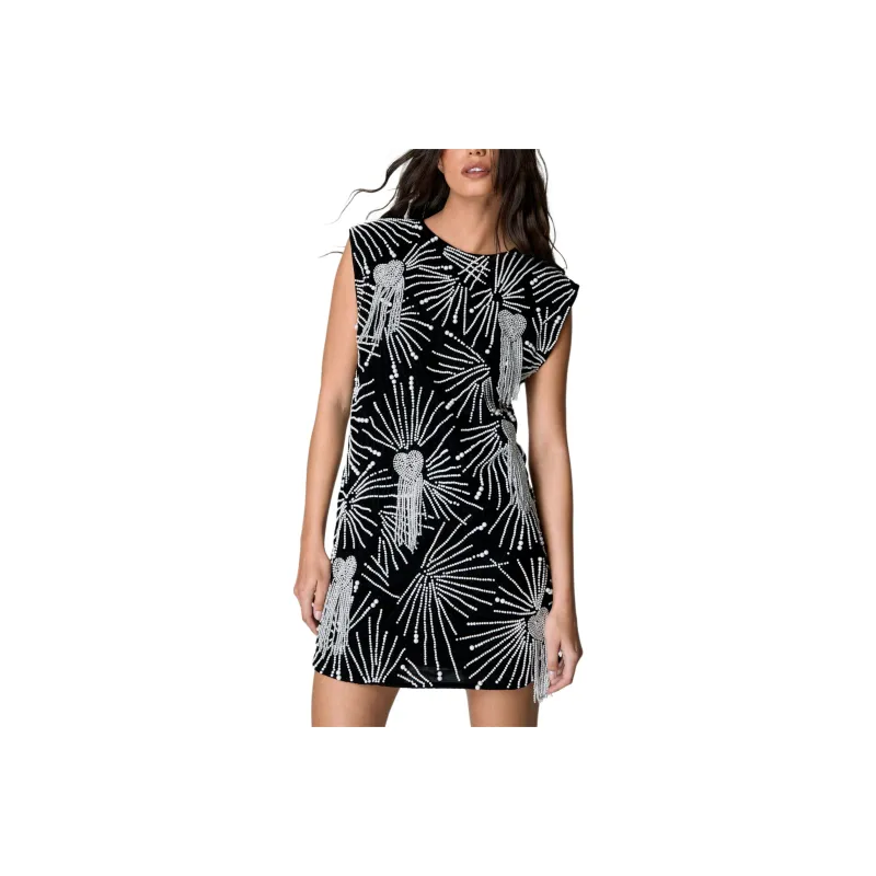 NASTY GAL Velvet Heart Pearl Tassel Shoulder Pad Mini Dress Sleeveless Dress Women's Black-0