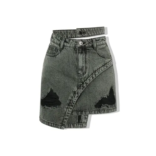LA CRAWFISH Denim Short Skirts Women's Vintage Green Tone