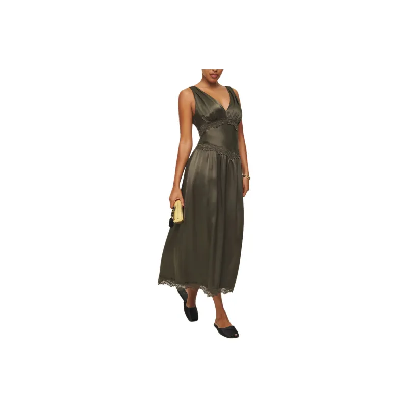 REFORMATION Stasia Silk Dress Sleeveless Dress Women's Pine Tree Green-0