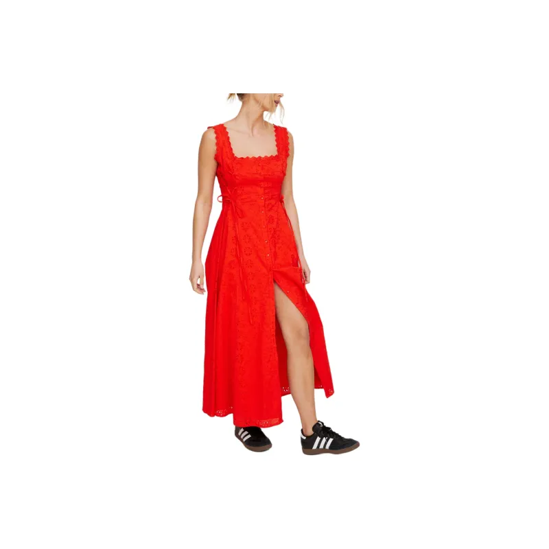 NASTY GAL Soft Corset Broderie Lace Up Side Midi Dress Sleeveless Dress Women's Red-0