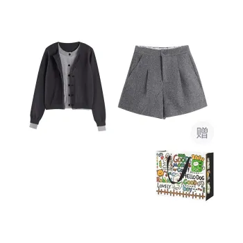 Dippanis Casual Suit Women's Gray Mock Two Piece Cardigan+Shorts