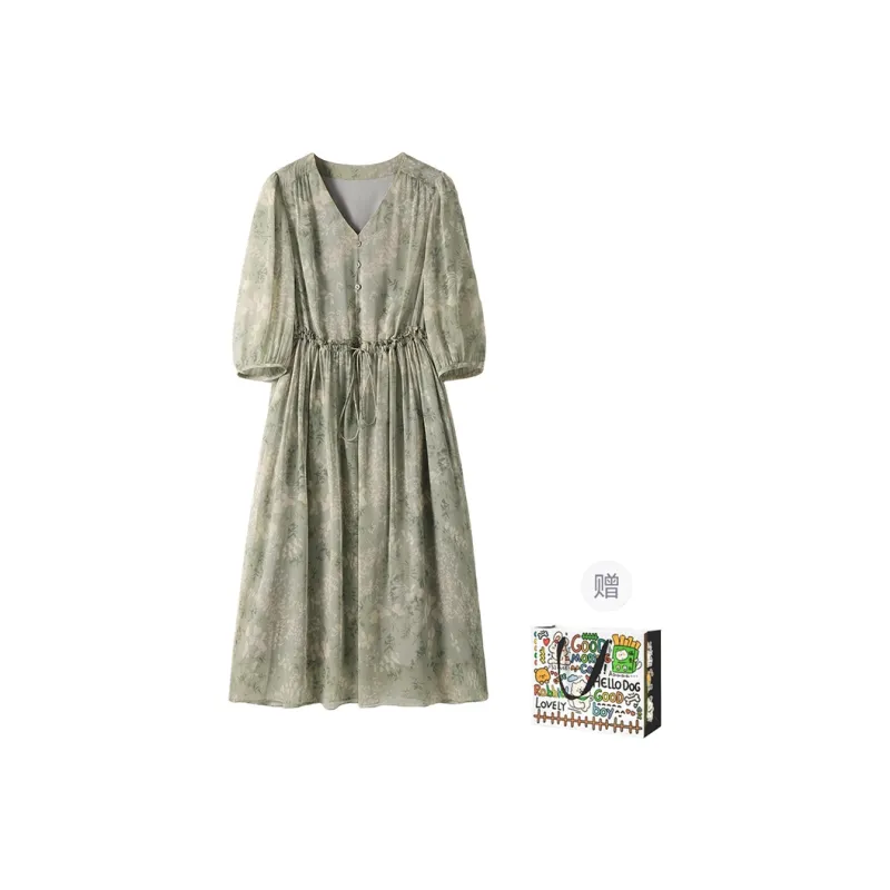 OURUOKE Long Sleeved Dresses Women's Green-0